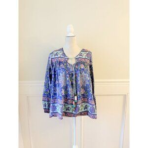 Bell by Alicia Bell Boho Floral Print Blouse w Tie Detail Medium Silk-Cotton Ble
